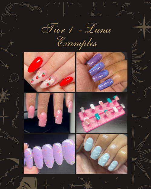 A promotional collage titled 'Tier 1 - Luna Examples' showing multiple manicure and nail art options on hands, including red cherry designs, lavender glitter, pale pink, lavender glitter with small orange speckles, and light blue with white swirls. A pink nail tray is also shown in the center against a dark decorative background with gold celestial line art.