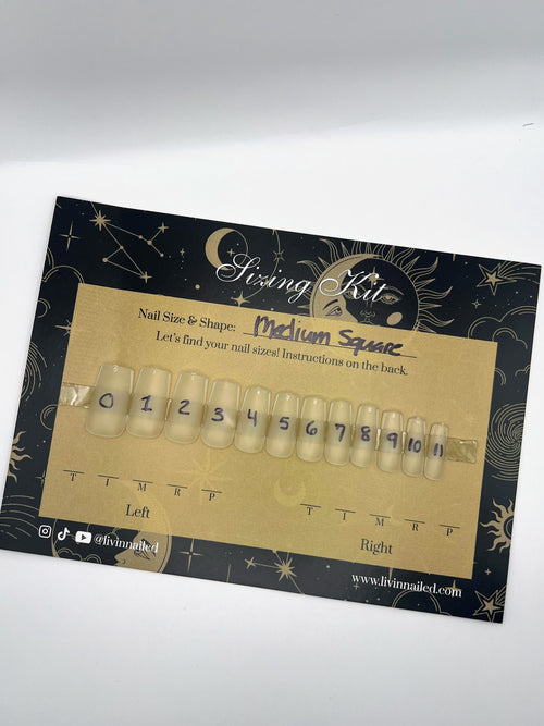 A nail size and shape swatch kit card labeled 'Swatch Kit' with a row of sample nail tips numbered 0 through 11 on a tan insert, photographed on a white background.